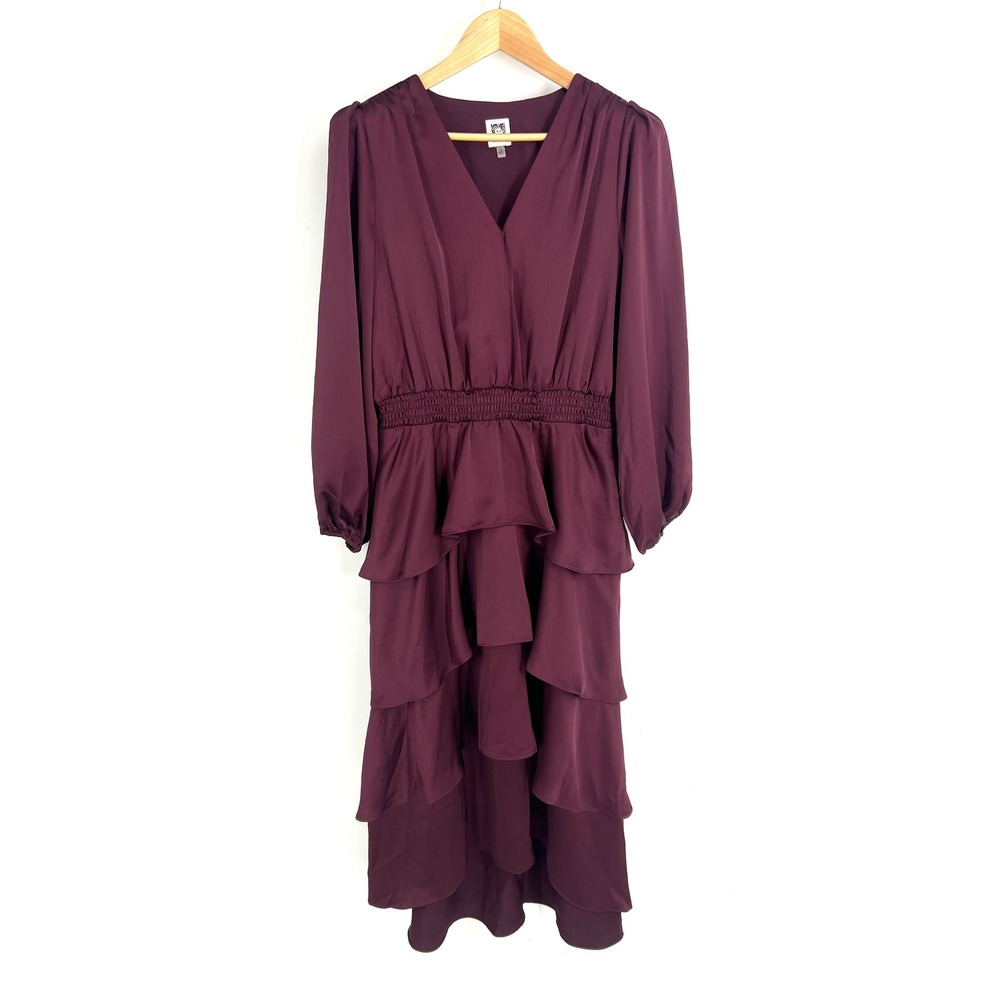 Anne Klein Plum Burgundy Tiered Ruffle Midi Dress Long Sleeve Smocked Waist 12